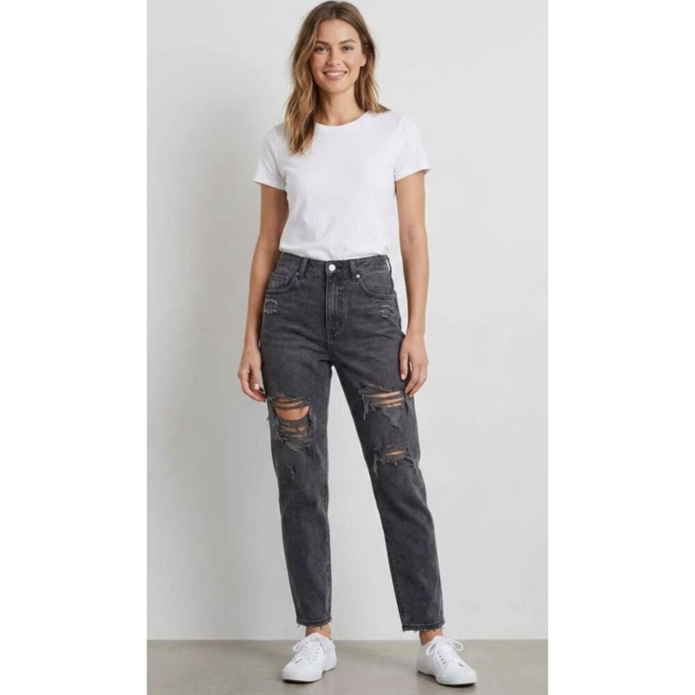 AE American Eagle Faded Black Distressed Mom Jeans High Waist Women's Size 4